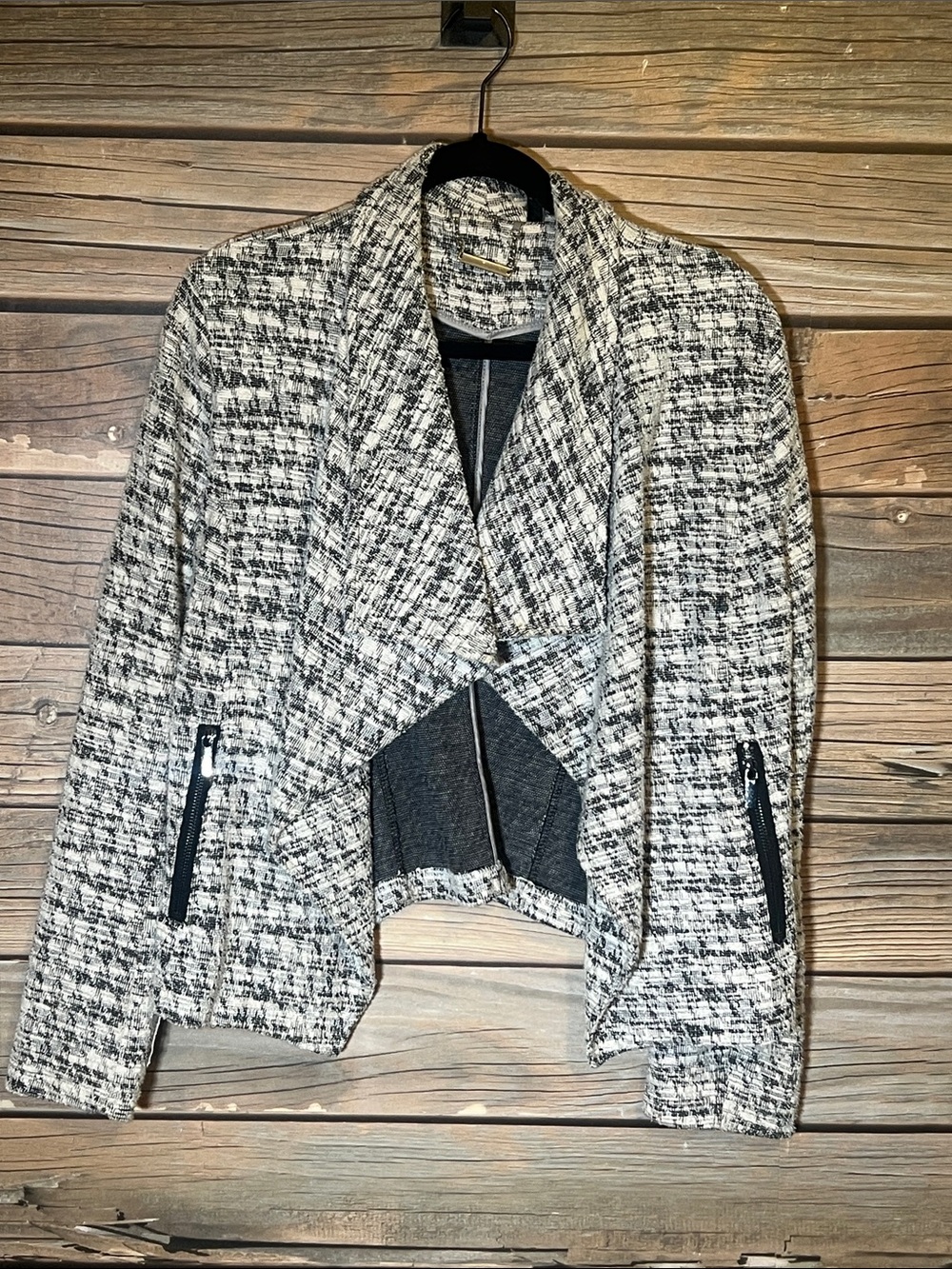 White House Black Market Black & White Draped Tweed Jacket